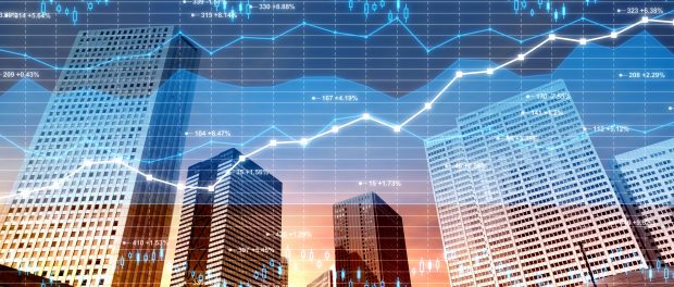 Business district: stock market and finance data on city background